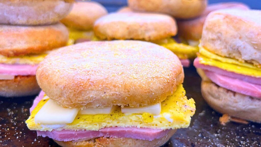 A side view of a English muffin sandwich filled with cheese, ham, and scrambled eggs. There are more sandwiches in the background.