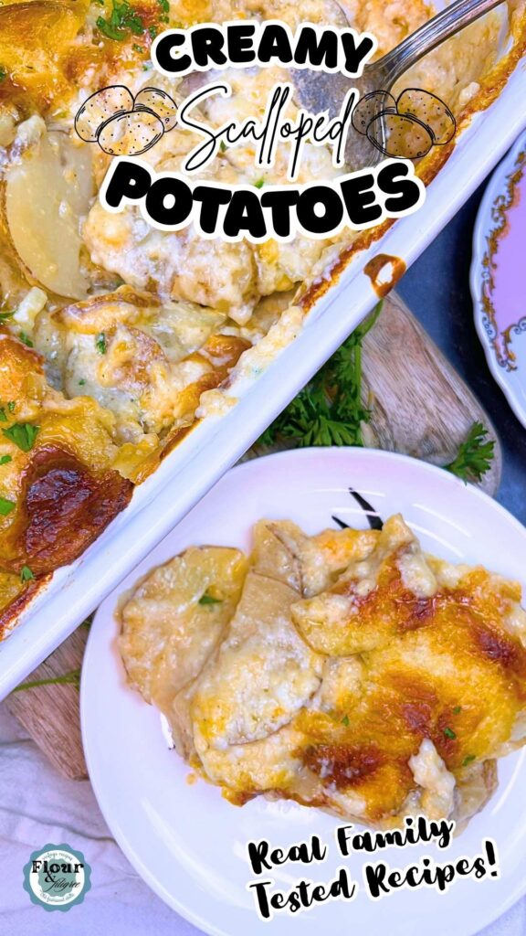 A Pinterest pin for creamy scalloped potatoes.