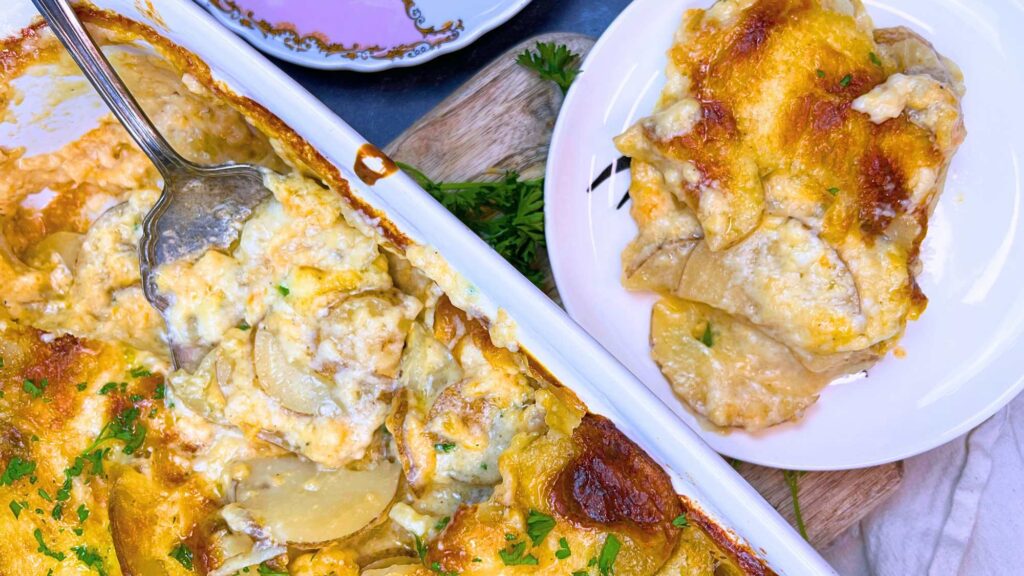 A scalloped potato casserole. There is a serving of scalloped potatoes off to the side.