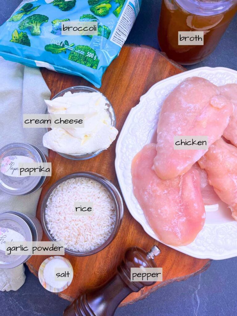 A table full of labeled ingredients.