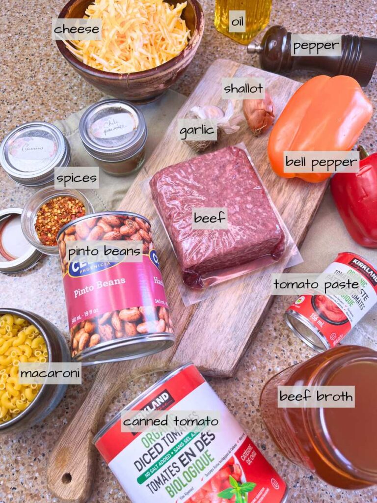 A table full of labeled ingredients.