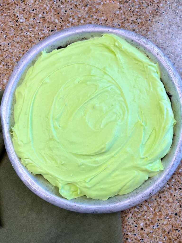 A grasshopper pie in a metal pie plate.