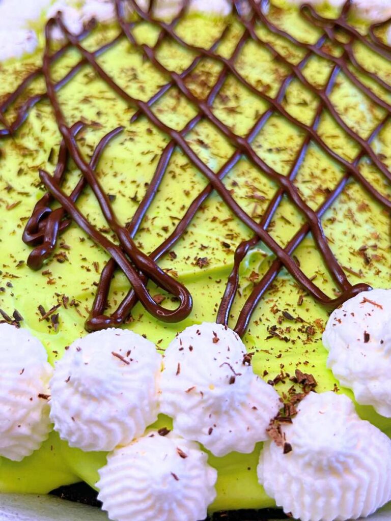 A close up look at a decorated grasshopper pie, with mint chocolate drizzle and whipped cream.