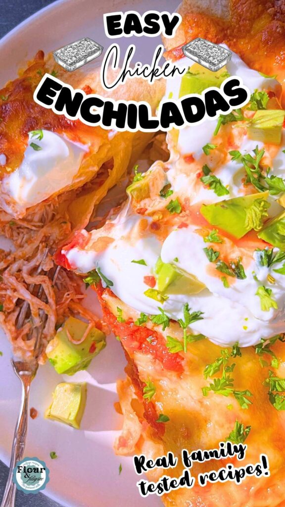 A Pinterest pin for chicken enchiladas.