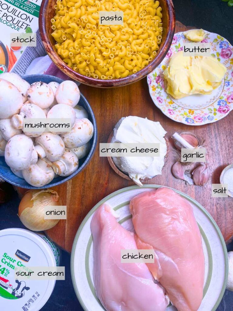 A table full of labeled ingredients.