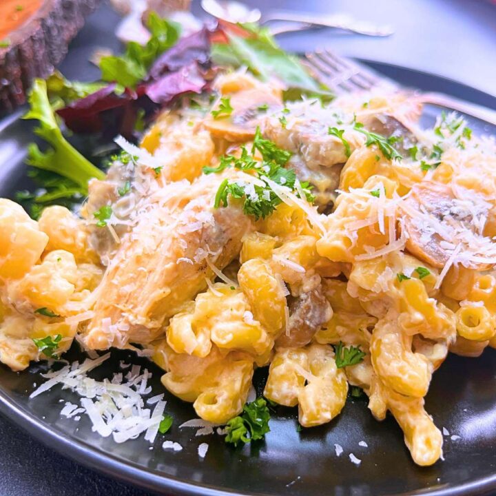 A black plate with a chicken stroganoff pasta. There is a salad behind.