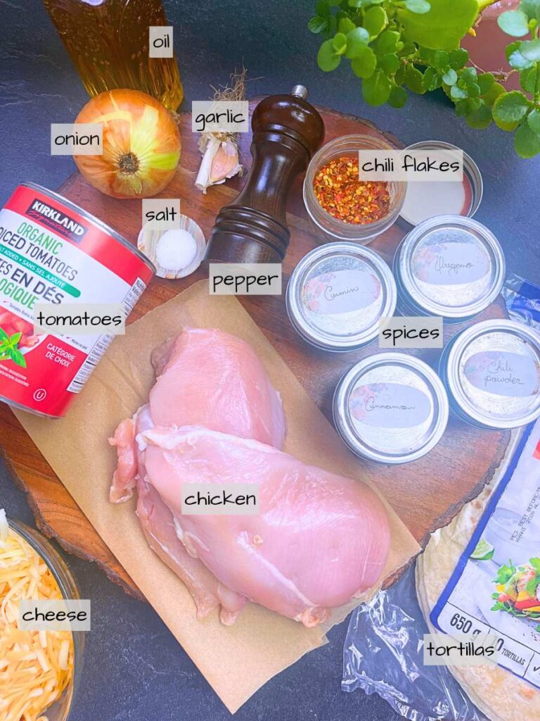 A table full of labeled ingredients.