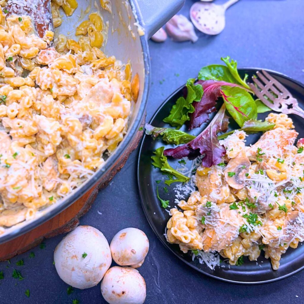 A black plate with a chicken stroganoff pasta and a salad on the side. There is more of the pasta in a pot to the side.