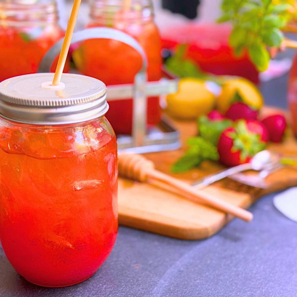 A glass of strawberry iced tea in a canning jar with a lid and straw. There are more in the background.