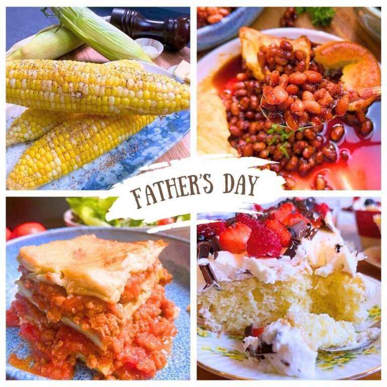 A collection of 4 photos. Corn on the cob, baked beans, a slice of lasagna, and a side view of a slice of cake with white cream topping and sliced berries on top.