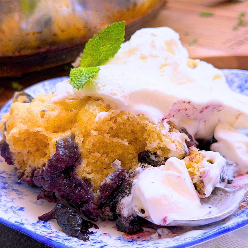 A serving of blueberry grunt on a blue floral plate.