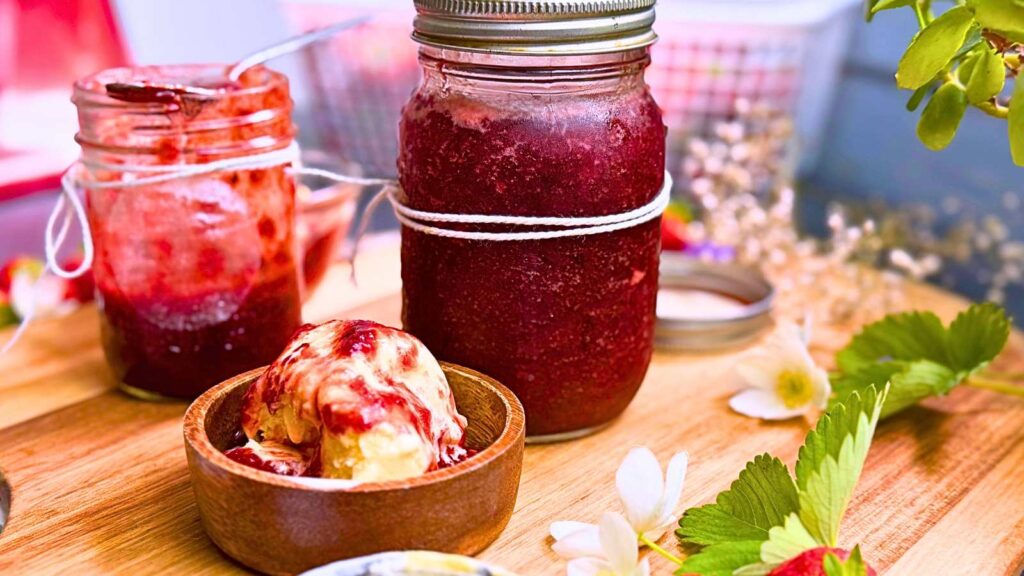 Two jars of strawberry jam sweetened with honey. One is opened and there is a wooden bowl of ice cream with strawberry jam on top.