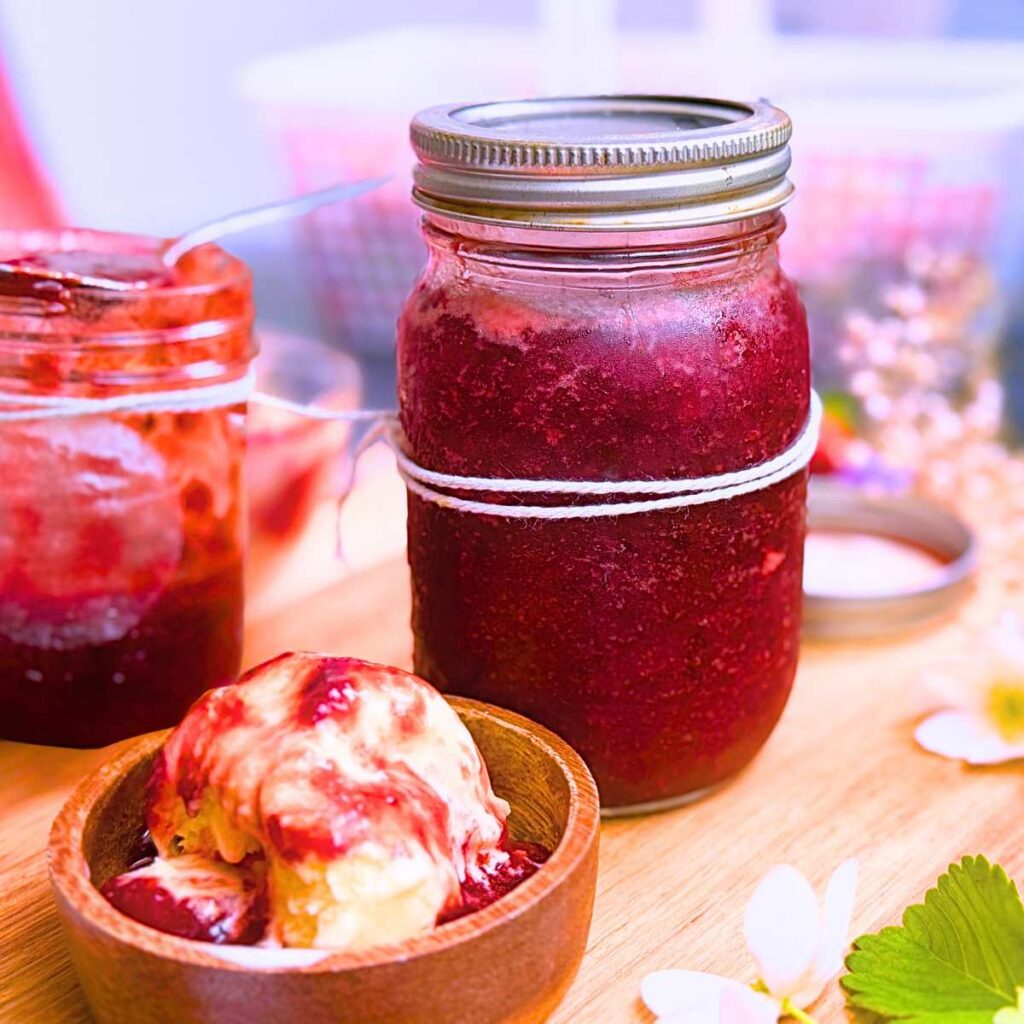 Two jars of strawberry jam. One is open with some used up. There is a wooden bowl of ice cream in the front with strawberry sauce on top.