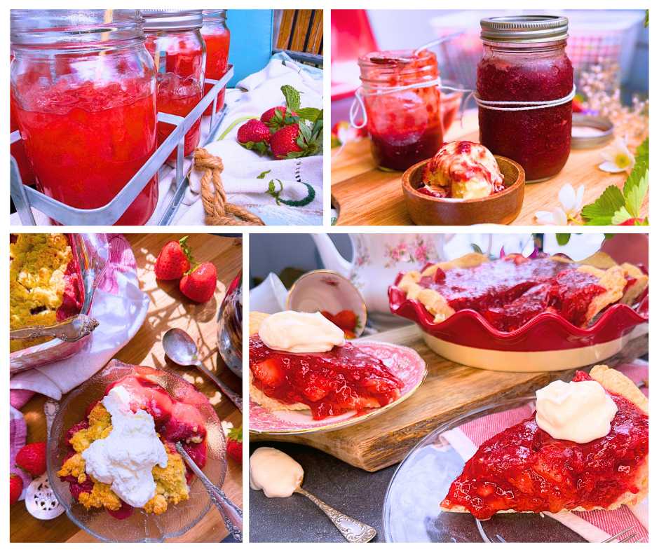 A collection of four strawberry themed recipes. There is a strawberry drink, strawberry jam, strawberry cobbler, and a strawberry pie.