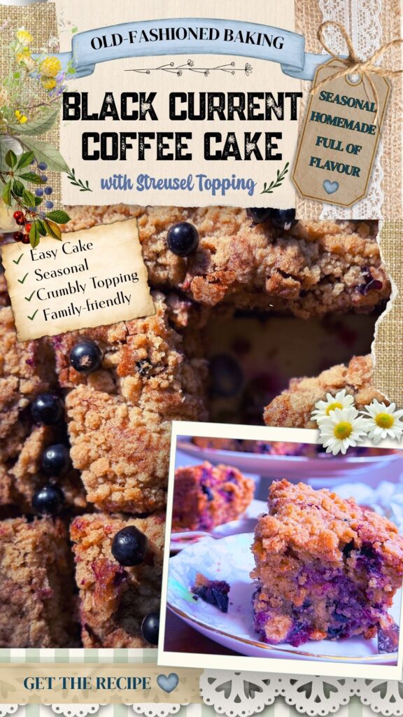 A Pinterest pin for black current coffee cake.