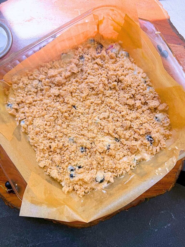 Coffee cake batter with a streusel crumble on top.