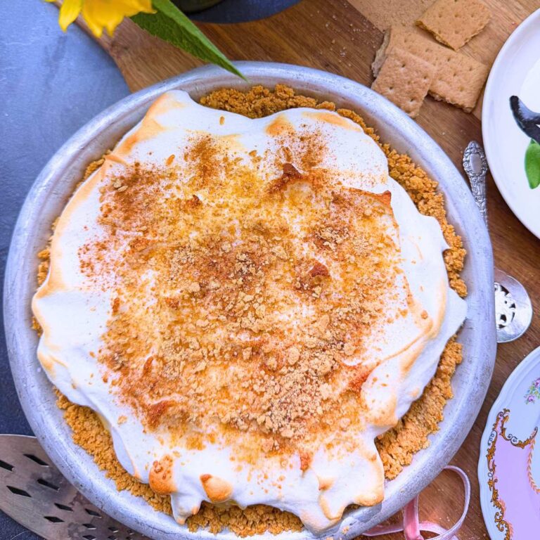 A overhead view of a flapper pie in a metal pie plate.