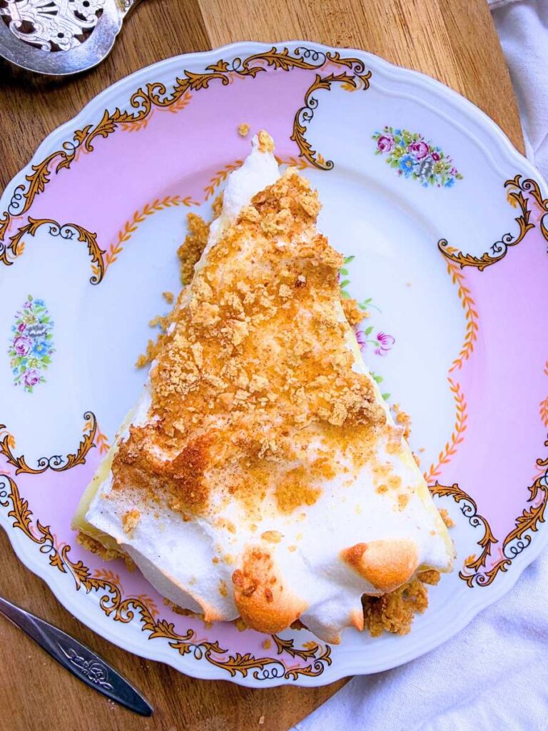 A slice of flapper pie with meringue on top. It is on a white and pink plate.