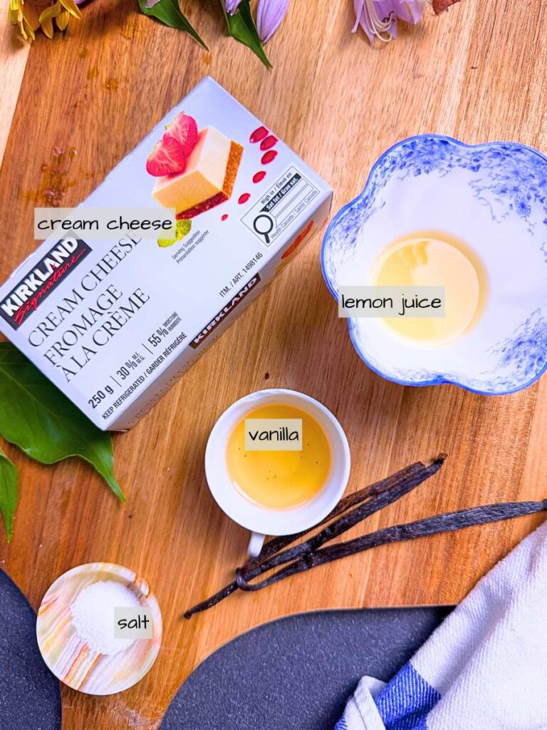 A table full of labeled ingredients.