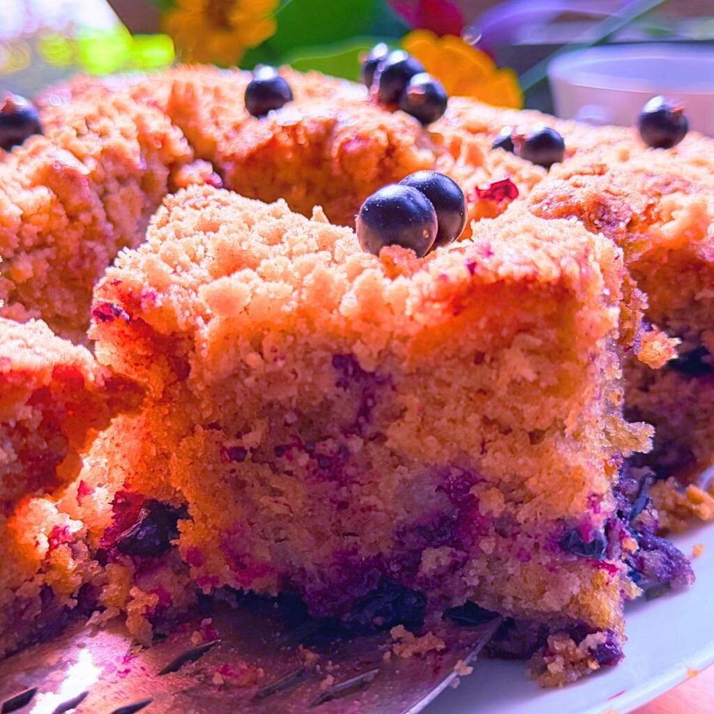 A slice of black current coffee cake. There are more behind.