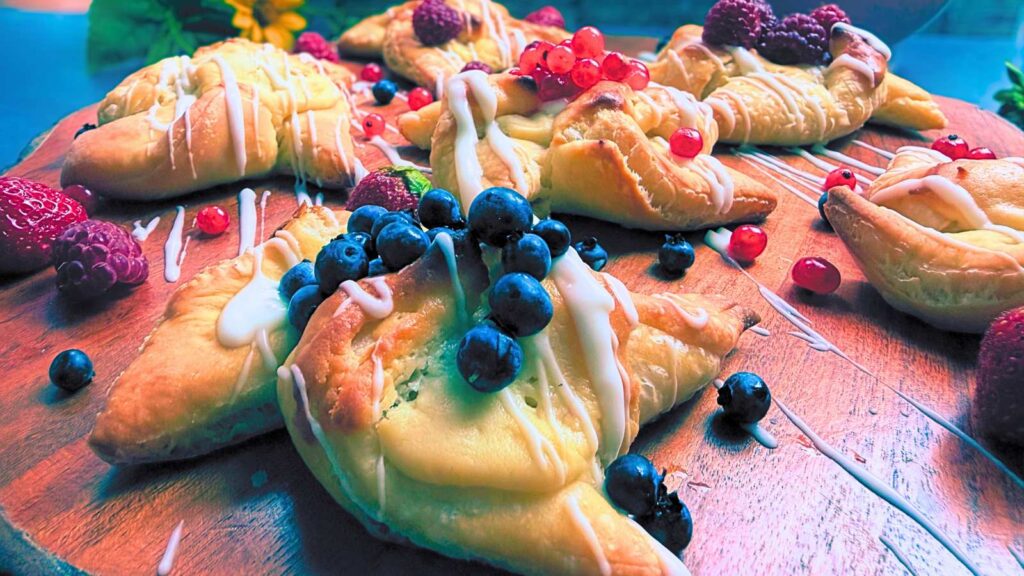 Sourdough cheese danishes topped with fresh fruit.