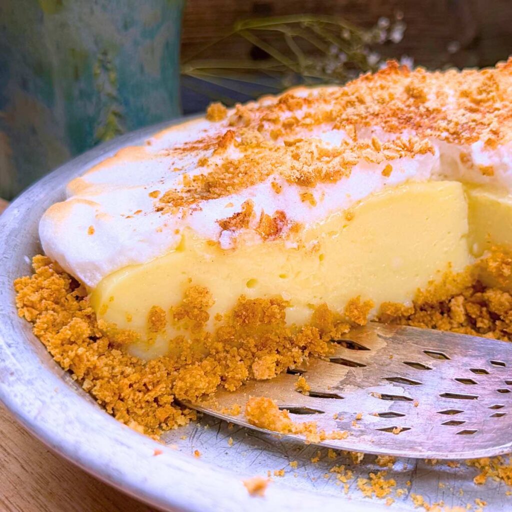 A vanilla custard pie with meringue in a graham cracker crust. It is in a metal pie plate. Some slices have been removed and there is a spatula inside.
