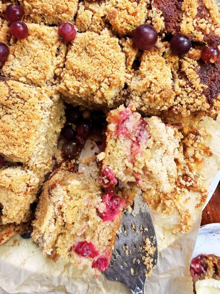 A sliced gooseberry coffee cake.