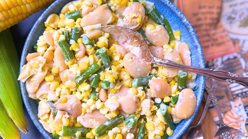 A blue bowl filled with a creamy corn and bean succotash. There is a serving spoon in the bowl.