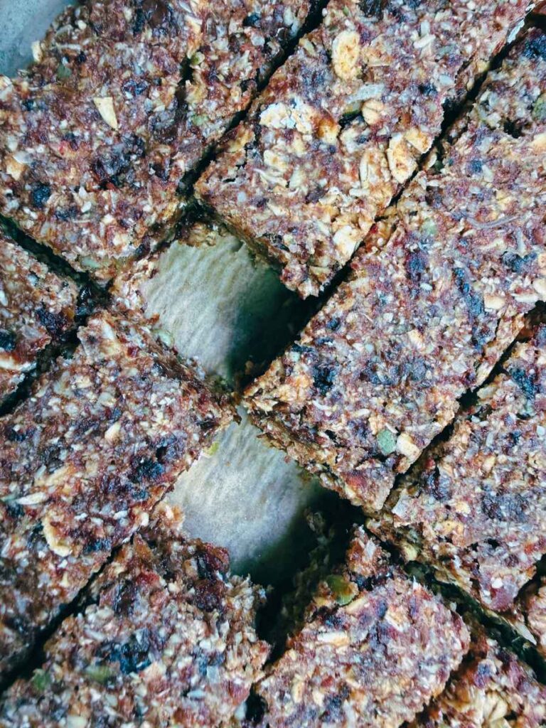 An overhead view of cut granola bars.