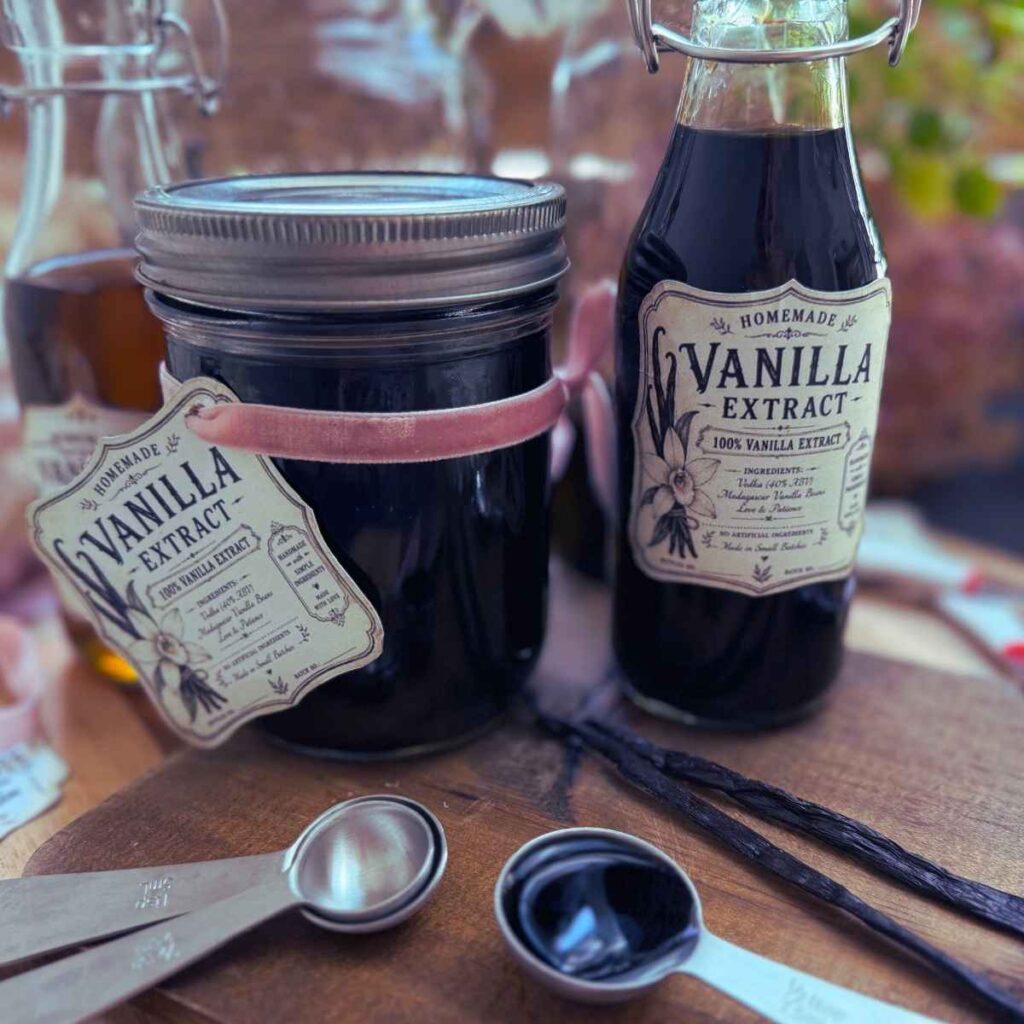 Two glass containers with homemade vanilla extract inside.