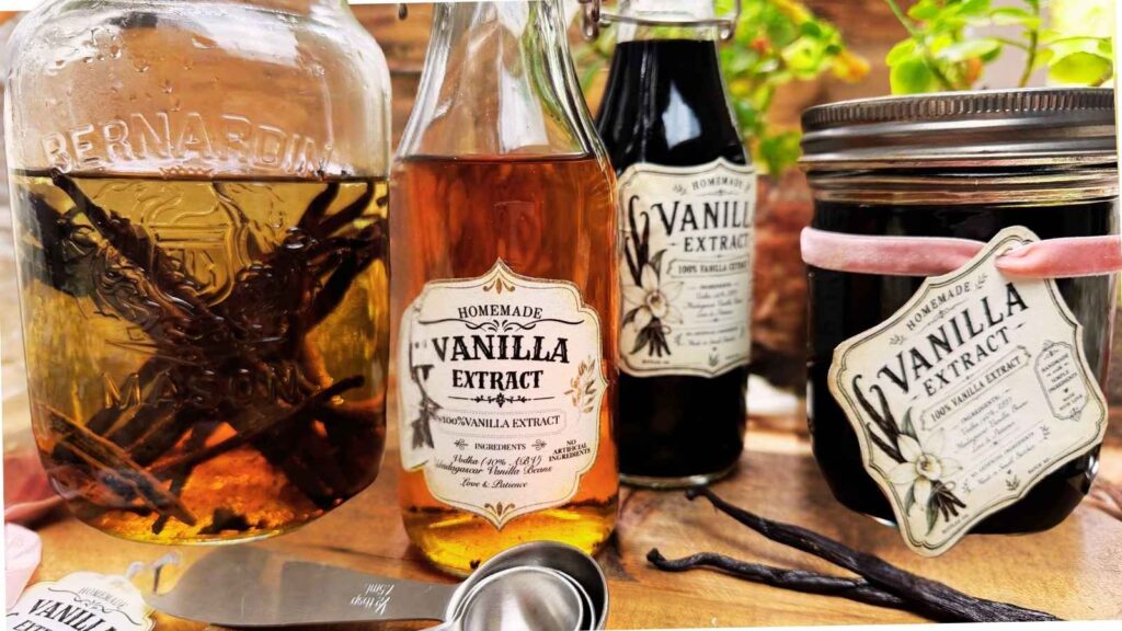 Four differesnt glass jars with homemade vanilla extract inside. They are labeled.