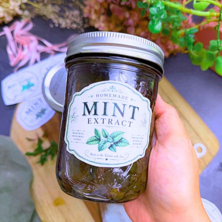 A woman is holding a Mason jar with fresh mint extract inside. It is labeled.
