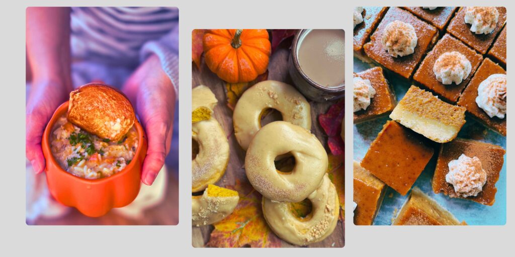 Three photos one is of pumpkin pie dessert bars, one is of caramel dipped pumpkin doughnuts, one is of a woman holding a pumpkin mug of turkey and wild rice soup.