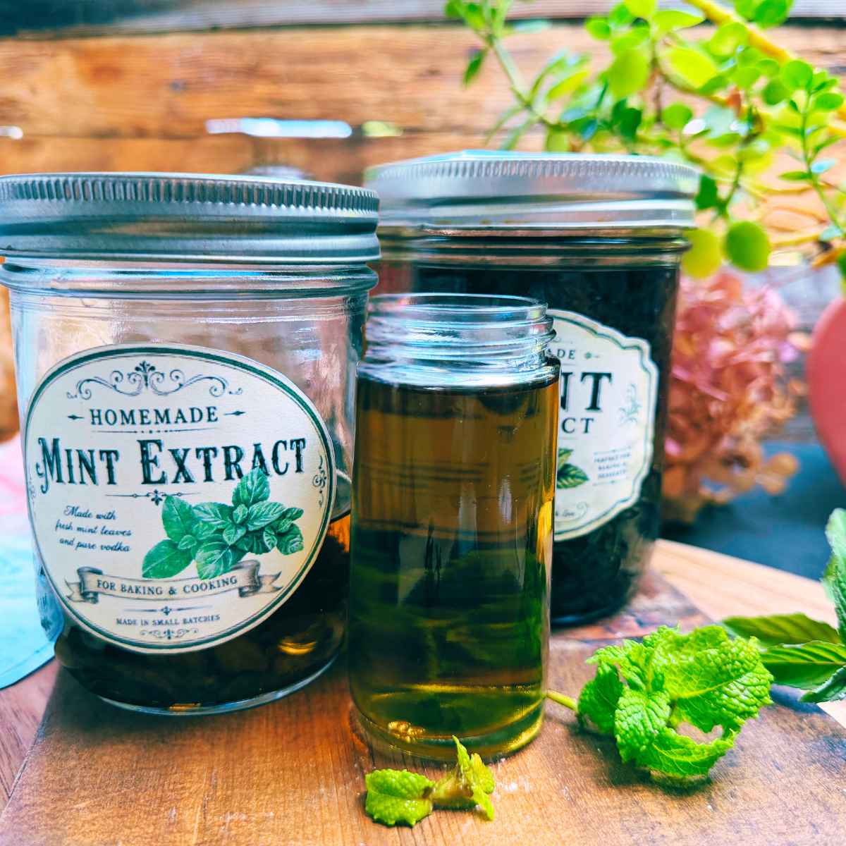 Three glass jars of mint extract. Two are labeled. There aer fresh mint leaves in front.