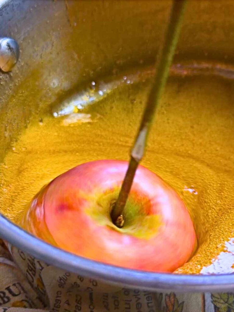 An apple on a stick is being dipped in a sauce pot of boiled maple syrup.