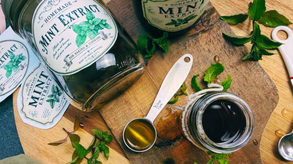 Three bottle of homemade mint extract. There is some poured into a teaspoon measure.