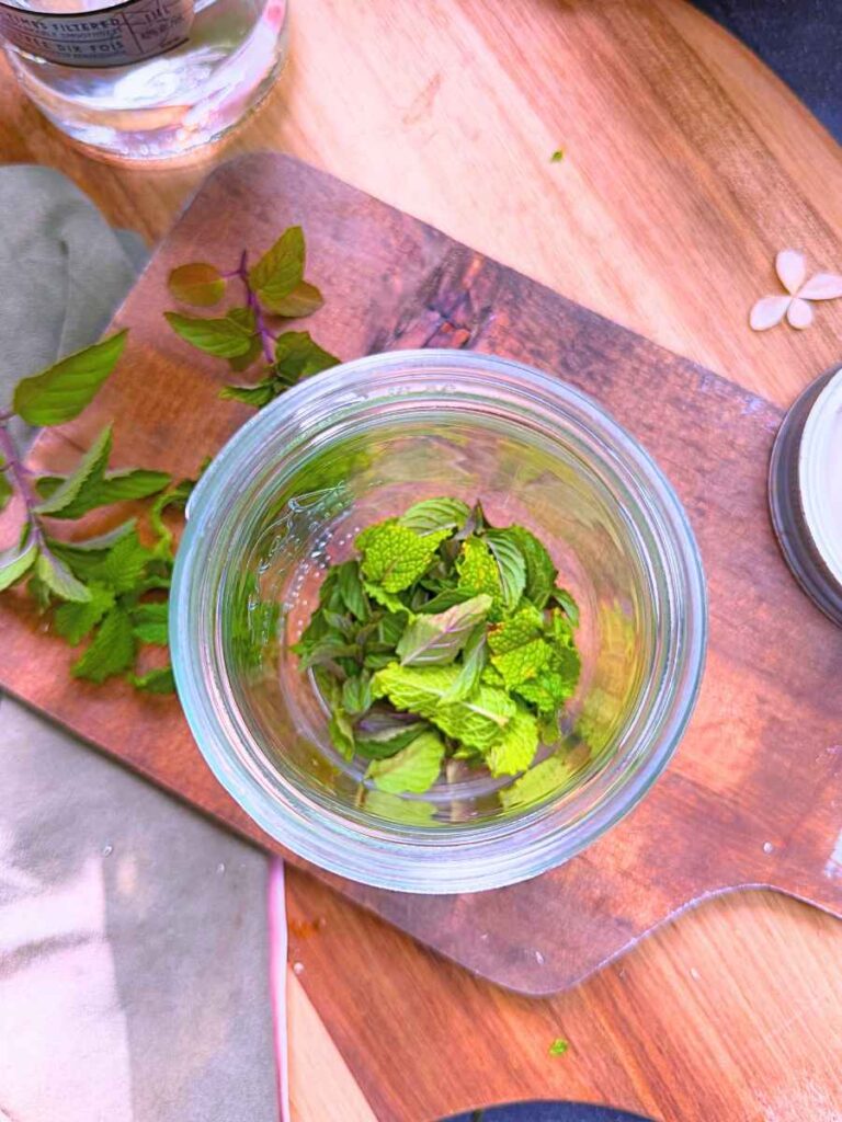 Mint leaves in a glass canning jar.