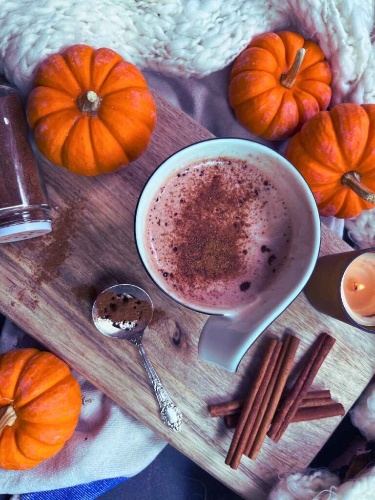 A coffee mug garnished with pumpkin pie spice. There are mini pumpkins in the background.