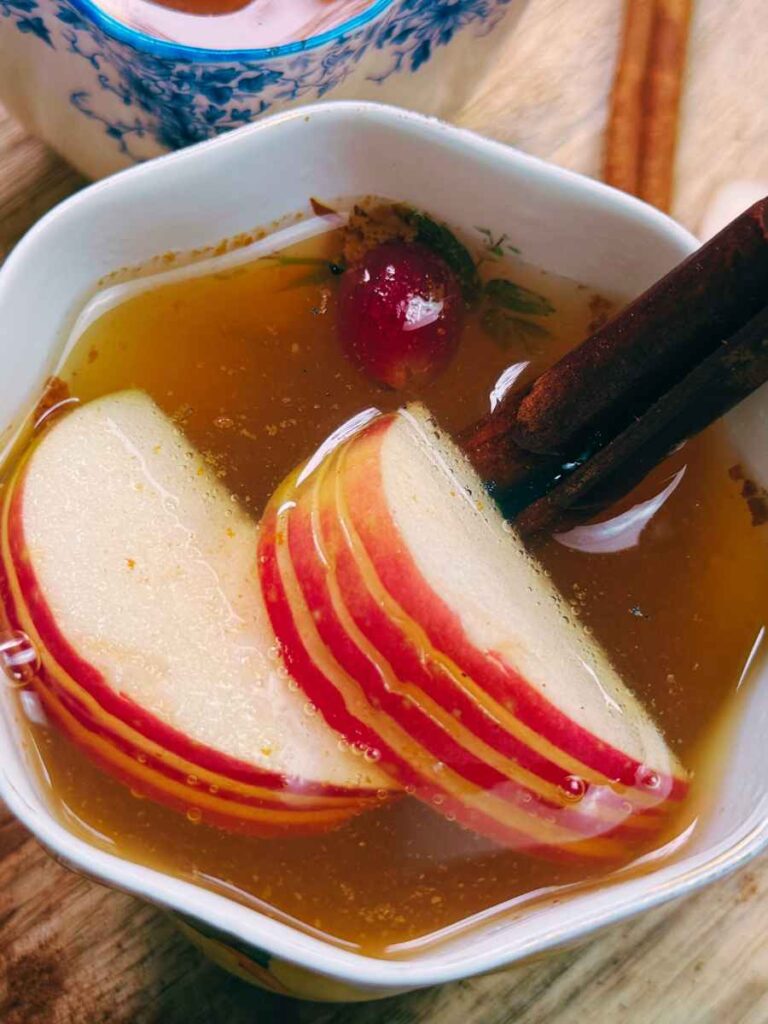 A mug of mulled apple cider with sliced freash apples and a cinnamon stick inside.