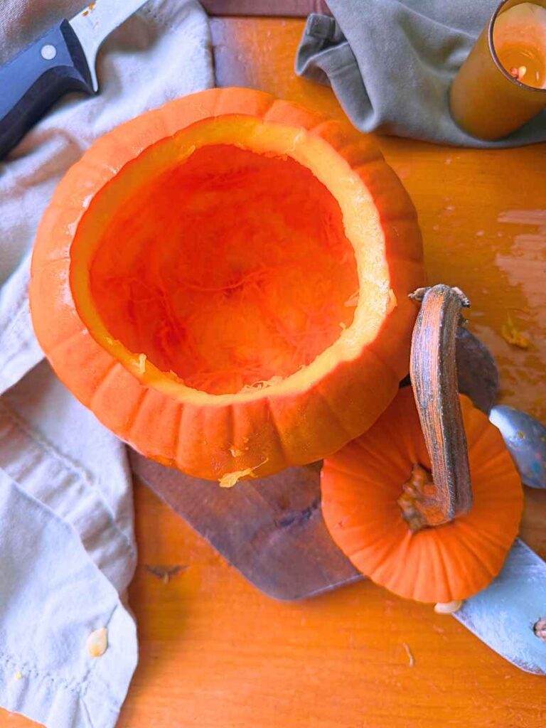 A cut and hollowed out pumpkin.