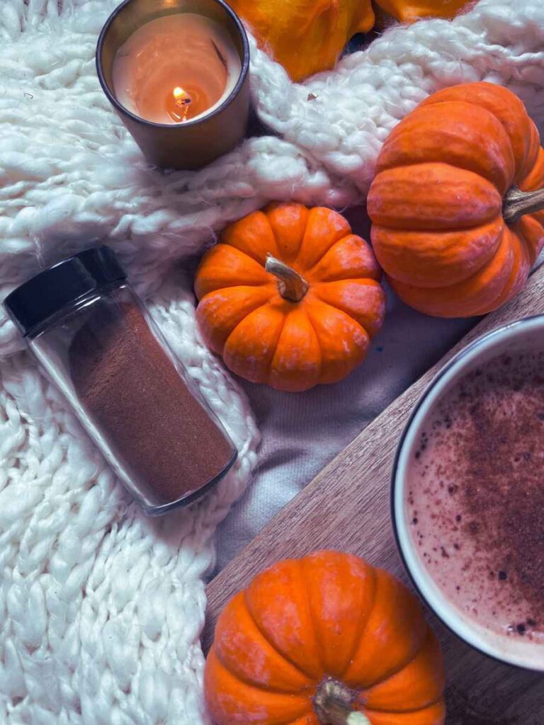 An overhead view of a jar of pumpkin pie spice on a knitted whit material with mini pumpkins.