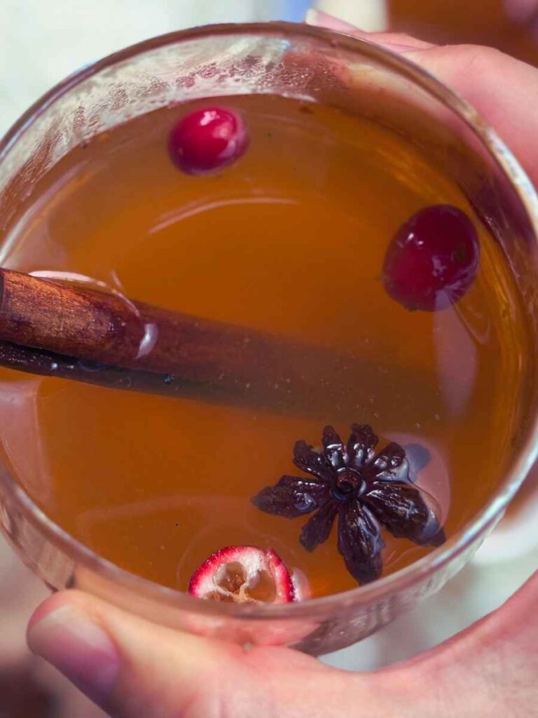 A close up view of a glass of mulled apple cider. There are cranberries, a cinnamon stick, and star anise inside.
